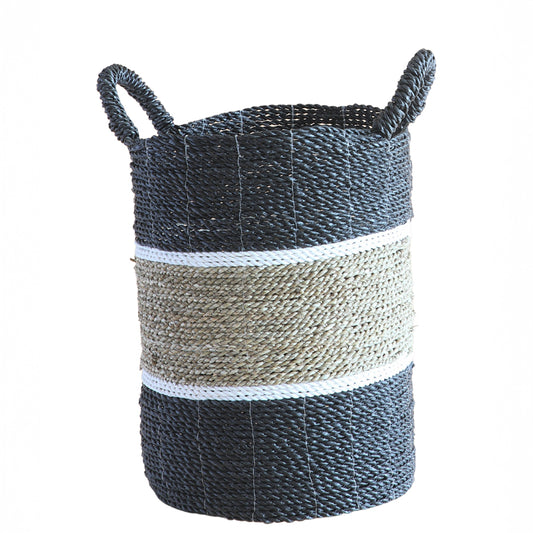 Two-tone woven basket, Black and natural seagrass basket, Decorative rope storage basket, Woven basket with handles, Handcrafted laundry hamper, Eco-friendly rope basket, 
Modern rustic storage solution, 
Color-block woven basket, 
Large basket for home storage, 
Seagrass and cotton rope basket .

