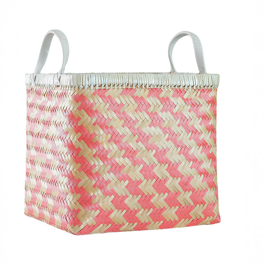 Woven storage basket, Handwoven basket, Pink and natural basket, Eco-friendly storage bin, Decorative storage basket, Handcrafted woven storage basket with handles. Natural fiber decorative bin, Pink and beige basket for home décor, Bamboo basket, Straw storage bin, Handmade home organizer, Boho style storage basket, Laundry basket with handles, Toy organizer basket, Shelf storage bin, Closet storage basket, Bathroom décor basket, Nursery storage solution .