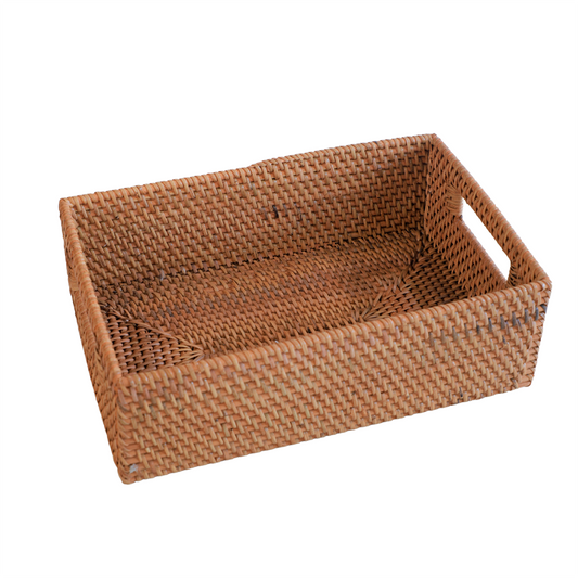 Handwoven rattan tray, Rectangular wicker basket, Natural woven storage tray, Rattan serving tray with handles, Decorative wicker basket tray, Eco-friendly woven organizer, Rustic woven storage bin, Rectangular rattan basket tray, Handcrafted wicker tray basket, Multi-purpose storage basket tray. 