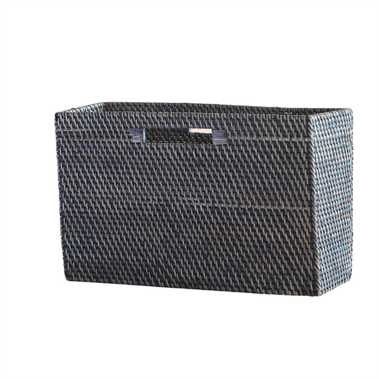 Black woven storage basket, Rectangular wicker basket, Handwoven organizer basket, Decorative black rattan basket, Storage basket with handles, Modern black utility basket, Handmade rectangular basket, Wicker shelf basket, Woven bin for home organization, Contemporary black storage box .

