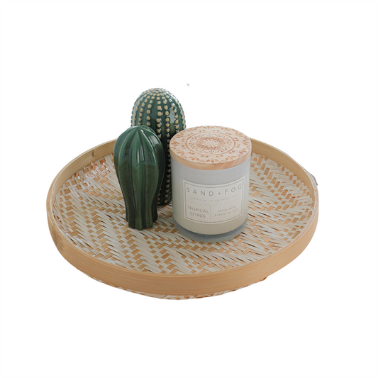 Woven serving tray, Round bamboo tray, Decorative rattan tray, Handwoven table tray, Boho style tray, Natural woven organizer, Bamboo décor tray, Rustic coffee table tray, Eco-friendly serving tray, 
Decorative tray for candles, 
Handcrafted bamboo basket tray, 
Round wicker accent tray, Handwoven bamboo tray for home décor and serving, Boho woven tray for coffee tables or countertops, 
Eco-conscious natural tray for candles and décor, Rustic rattan tray for organizing small items. 

