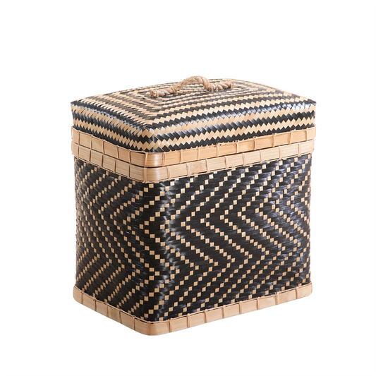 Woven bamboo storage basket, 
Black and natural bamboo basket, 
Lidded woven hamper, Handmade bamboo box, Decorative storage basket with lid, Chevron pattern basket, Eco-friendly woven bin, Artisan handwoven bamboo container, Sustainable storage solution, Multipurpose basket with handle, Natural fiber laundry hamper, 
Traditional woven storage box, Boho style bamboo basket, Woven hamper for home organization, Square wicker basket with rope handle. 

