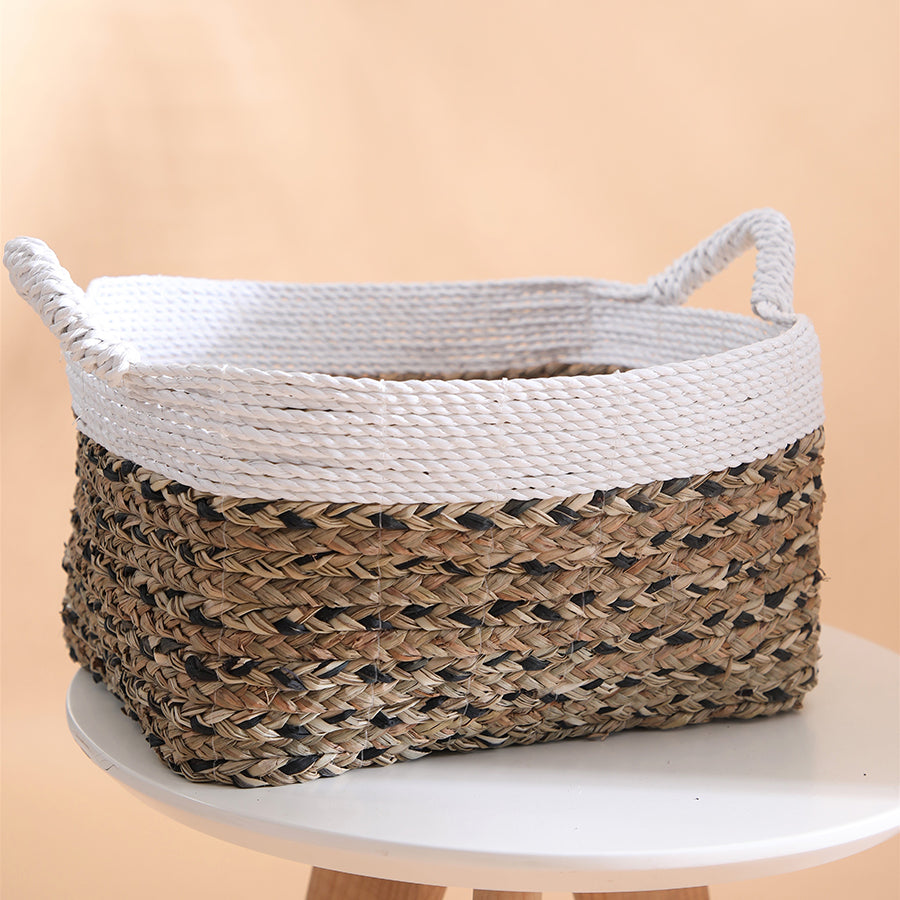 Two-tone woven storage basket, Seagrass and rope basket, Natural fiber storage basket, White and natural woven basket, Handwoven home storage basket, Decorative basket with handles, Eco-friendly storage bin, Rectangular wicker basket, Boho home décor basket, 
Rustic woven organizer .
 
