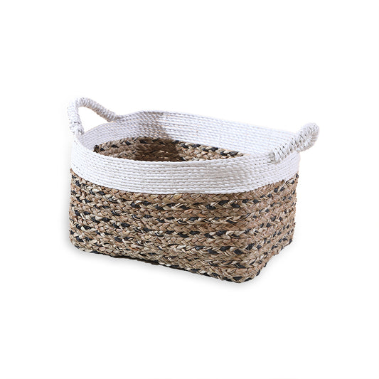 Seagrass storage basket, Rectangular woven basket, 
Natural fiber basket with handles, White and brown storage basket, 
Eco-friendly organizer basket, Handwoven seagrass basket, 
White trim seagrass bin, Sustainable home storage, Artisan-made basket, 
Braided rope and seagrass basket .
