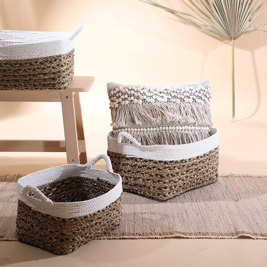 Woven storage basket set, Seagrass and rope baskets, Two-tone woven baskets with handles, Decorative storage bins set, Natural and white seagrass baskets, Handwoven basket organizer set, Rectangular woven baskets for shelf or floor, Eco-friendly storage solution, White rim natural fiber baskets, Rustic modern home décor baskets .

