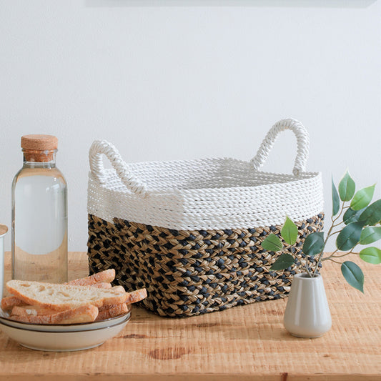 White and natural woven basket, Seagrass storage basket with handles, Handwoven rectangular storage bin, Eco-friendly woven basket, Decorative home storage basket, Seagrass and rope basket, 
White braided top storage basket, 
Two-tone natural basket Handmade basket for organizing, Rustic woven basket .