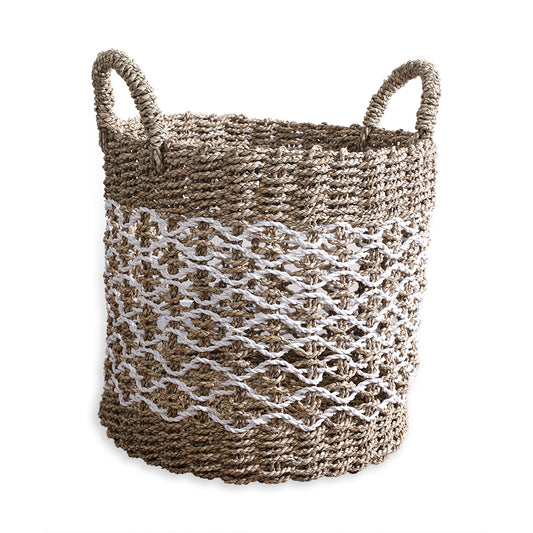 Zigzag weave basket, Handwoven storage basket, Natural fiber basket with handles, Decorative jute basket, Woven floor basket, Seagrass or jute basket, Boho-style basket, White pattern woven basket, Rustic handmade basket, Eco-friendly organizer basket, Laundry storage basket, Living room toy basket, Blanket holder basket, Home organization bin, Decorative storage solution. 