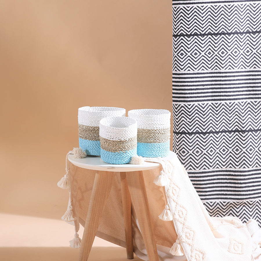Aqua mini woven baskets, Color block rope baskets, Small round storage baskets, Handwoven decorative baskets, Coastal style home décor baskets, Aqua and white rope baskets for storage, Handcrafted mini organizer baskets, Decorative baskets for table or shelf, Natural fiber baskets with tassel accents. 
