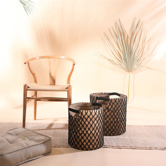 Black mesh storage basket, Handwoven rope basket, Woven jute basket with handles, Decorative storage basket set, Seagrass basket with black net, Boho home décor storage, Rustic woven basket set, 
Scandinavian style storage basket, 
Minimalist room décor accessories, 
Japandi living room storage, Laundry and toy organizer basket, Eco-friendly storage solution, Blanket basket for living room, Versatile floor storage basket, Plant pot cover basket. 