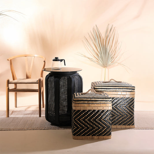 Woven bamboo storage baskets, 
Black and beige chevron baskets, 
Handwoven lidded hampers, Sustainable storage boxes, Decorative eco-friendly baskets, Boho style bamboo storage, Traditional handmade baskets, 
Multipurpose woven containers, 
Natural fiber laundry hampers, 
Set of 2 decorative baskets, 
Scandinavian wooden dining chair, 
Minimalist armchair with woven seat, 
Natural wood accent chair, Japandi style wooden chair. 
