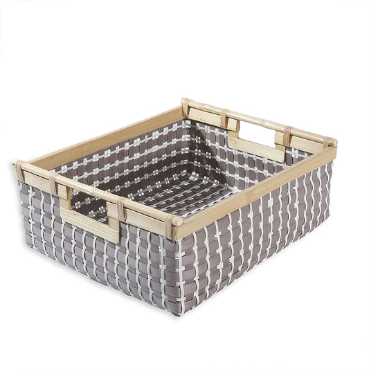 Woven storage basket, Decorative organizer basket, Multi-purpose woven bin, Plastic rattan basket, Storage basket with handles, Rectangular woven container, Bamboo frame basket, PP woven storage basket, Plastic rattan basket with wood trim, Brown and white checkered organizer, Eco-friendly woven basket, Woven basket with wooden handles .


