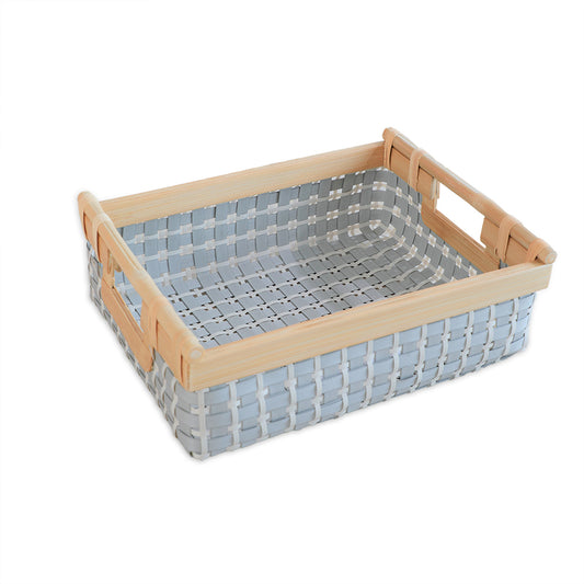 Grey woven storage basket, Rectangular organizer basket with handles, Plastic weave storage bin, 
Wooden frame woven basket, Grey and white storage organizer, Decorative basket with wooden handles, Multi-purpose home storage box, Lightweight woven organizer, Kitchen counter storage tray, 
Small basket for shelf organization .


