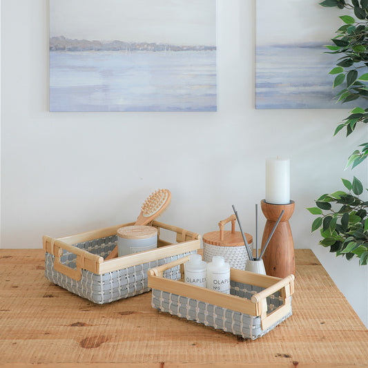 Grey woven organizer basket, 
Rectangular bathroom storage basket, Plastic weave storage bin with handles, Wooden frame organizer tray, Grey and white countertop basket, Multi-purpose home storage container, Decorative vanity basket, Woven basket for toiletries, Bathroom shelf organizer , 
Storage tray for kitchen or living room