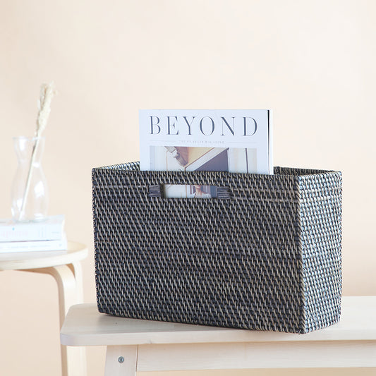 Woven magazine holder, Black newspaper basket, Rectangular rattan magazine rack, Magazine organizer basket, Handwoven document holder, Stylish magazine storage basket, Boho magazine rack for living room, Modern newspaper organizer, Decorative magazine bin for office, Scandinavian style magazine holder. 

