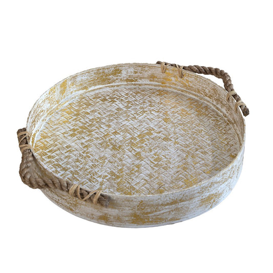 Rustic bamboo serving tray, Round woven tray with handles, Whitewashed bamboo tray, Handmade rattan tray , Decorative rope handle tray, Farmhouse style bamboo tray, Vintage white and gold tray, Eco-friendly serving tray with handles, Coastal chic woven tray, 
Boho décor round tray. 