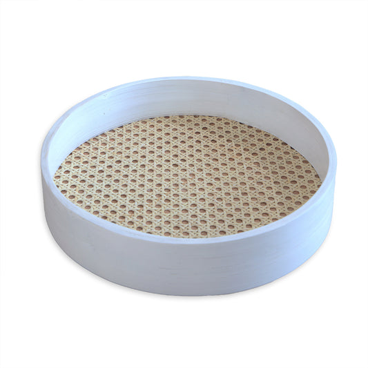 White round rattan tray, Round rattan serving tray, Decorative rattan tray, 
Handwoven rattan tray, White bamboo tray, Rustic rattan display tray, Boho style serving tray, Woven rattan home décor, Eco-friendly rattan tray, Handmade rattan tray for kitchen .
