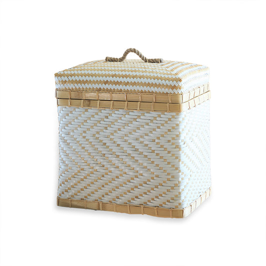 White bamboo storage basket, Woven hamper with lid, White and beige chevron basket, Handwoven natural trunk basket, Eco-friendly lidded storage box, Decorative woven laundry basket, Sustainable bamboo storage container, Artisan handmade hamper, Neutral tone basket with rope handle, Zigzag pattern woven bin, Boho chic woven basket, Lightweight laundry hamper, Wicker basket for home organization. 