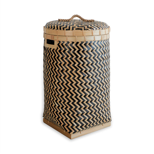 Zigzag woven laundry basket, 
Tall hamper with lid, Decorative woven storage basket, Black and natural rattan hamper, Modern decorative laundry basket for stylish homes, Natural and black woven storage bin for clothes, Stylish hamper for contemporary interiors, 
Bamboo and plastic woven storage basket.

Handmade look tall hamper with geometric design